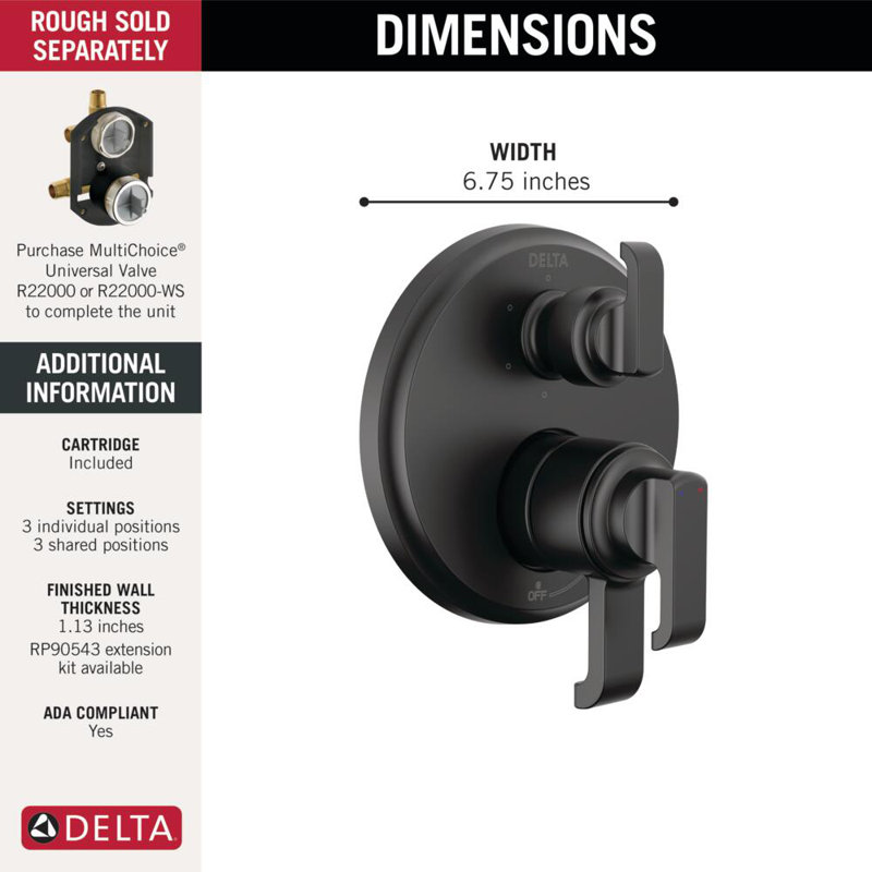 Tetra 17 Series 6-Setting Integrated Diverter Valve Trim Kit, Shower Faucet Diverter Kit, Matte Black