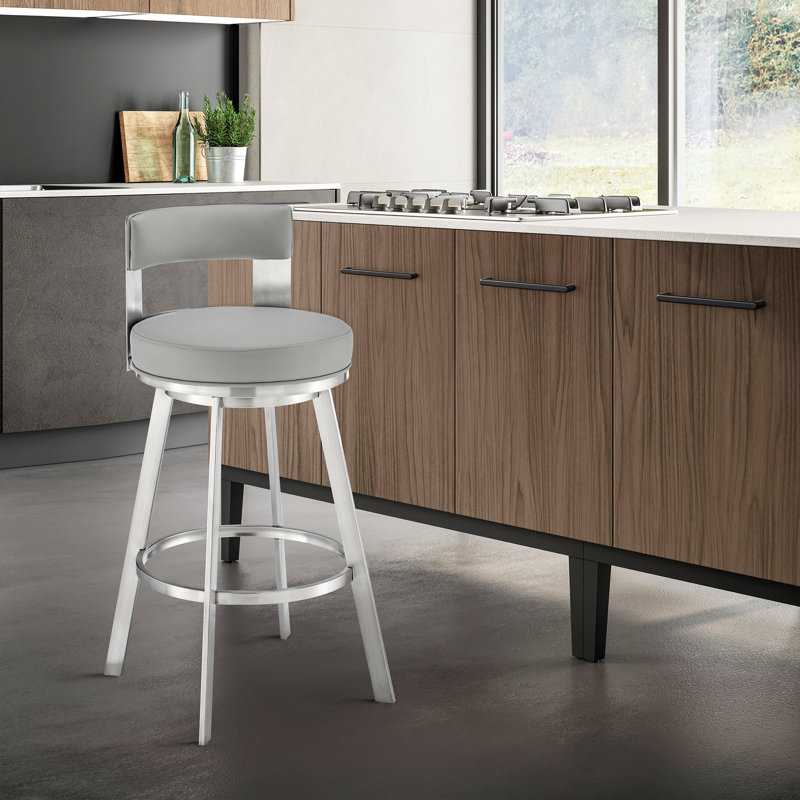 Kevontae Swivel Counter & Bar Stool, Counter Stool (26" Seat Height), Light Grey Seat/ Brushed Stainless Steel Frame