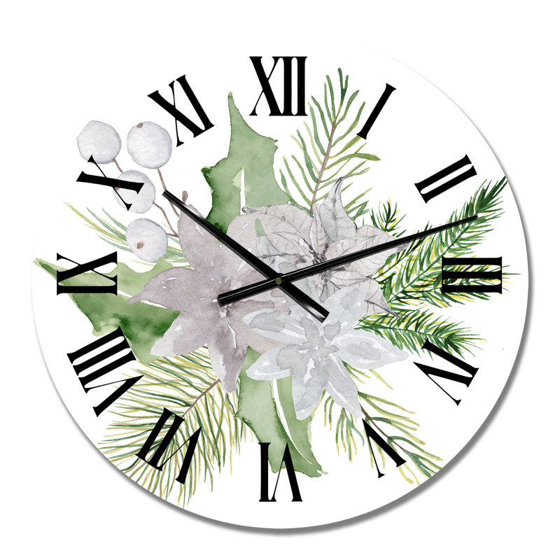 Horloge murale traditionnelle avec bouquet de Noël et branches de coton I, Petit