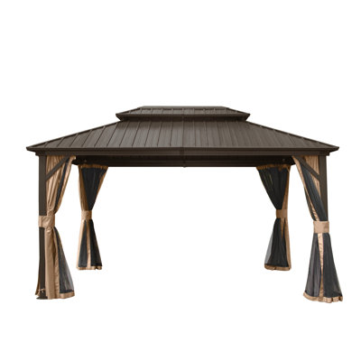 10' X 12' Gazebo, Aluminum Metal With Galvanized Steel Canopy, Versatile For Outdoor Activities, Brown Enjoyment Spacious And , Entertainment