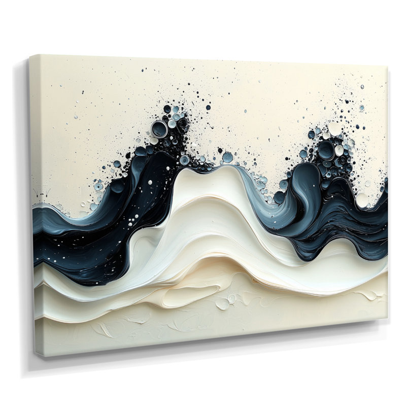 Dulvert noir blanc vague rythmique rivière V - goutte à goutte d'art mural pour le salon, H 12 po x l 20 po, Toile tendue