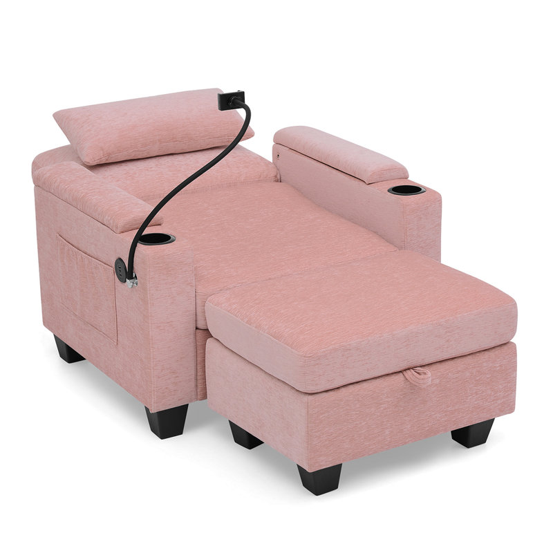 Canapé inclinable simple avec dossier réglable manuellement, port de charge USB sur le côté de l'accoudoir, support pour téléphone inclus, rangement caché pour l'accoudoir et repose-pieds de rangement assorti - rose