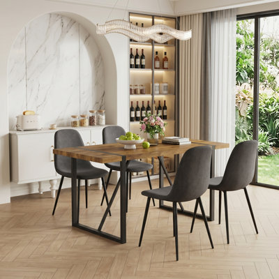 Ensemble de salle à manger 5 pièces rectangulaire moderne en bois avec base géométrique en métal et chaises rembourrées