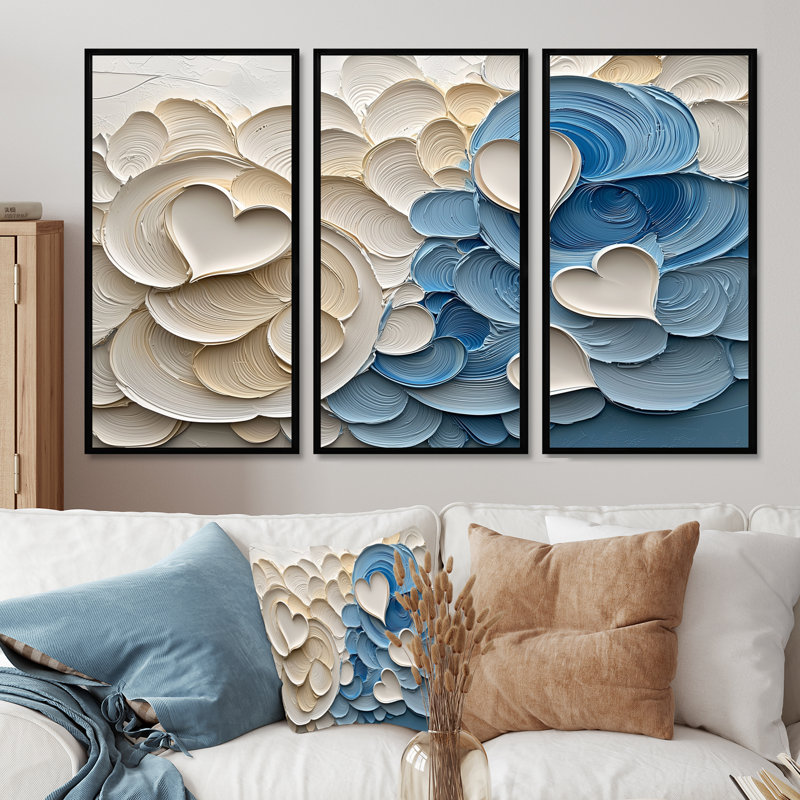 «Blue and White Spiraling Hearts I», ensemble de décorations murales spirales abstraites, H 28 po x l 36 po x P 1 po