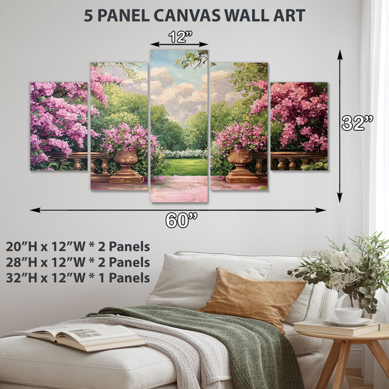 Jardin lilas dans la campagne française I - lilas, art mural 5 panneaux de salon