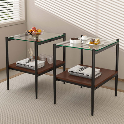 Ensemble de 2 tables de bout rectangulaires, plateau de table en verre trempé avec panneau de fibres à densité moyenne, table de salon moderne, verre