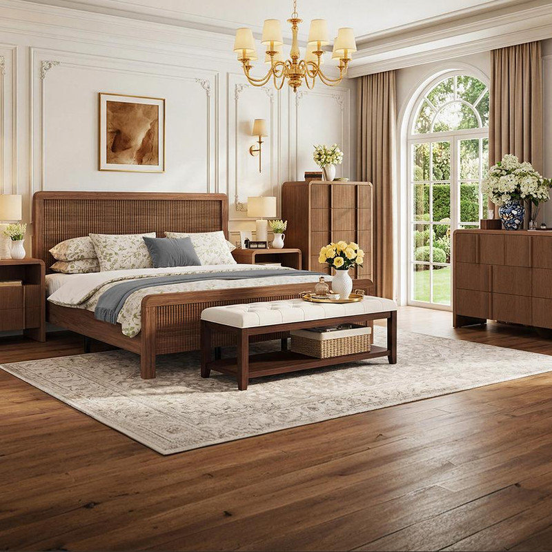 Ensemble de chambre à coucher 4 pièces à grain de bois moderne avec lit plateforme, commode à 5 tiroirs et table de chevet * 2, Queem, brun