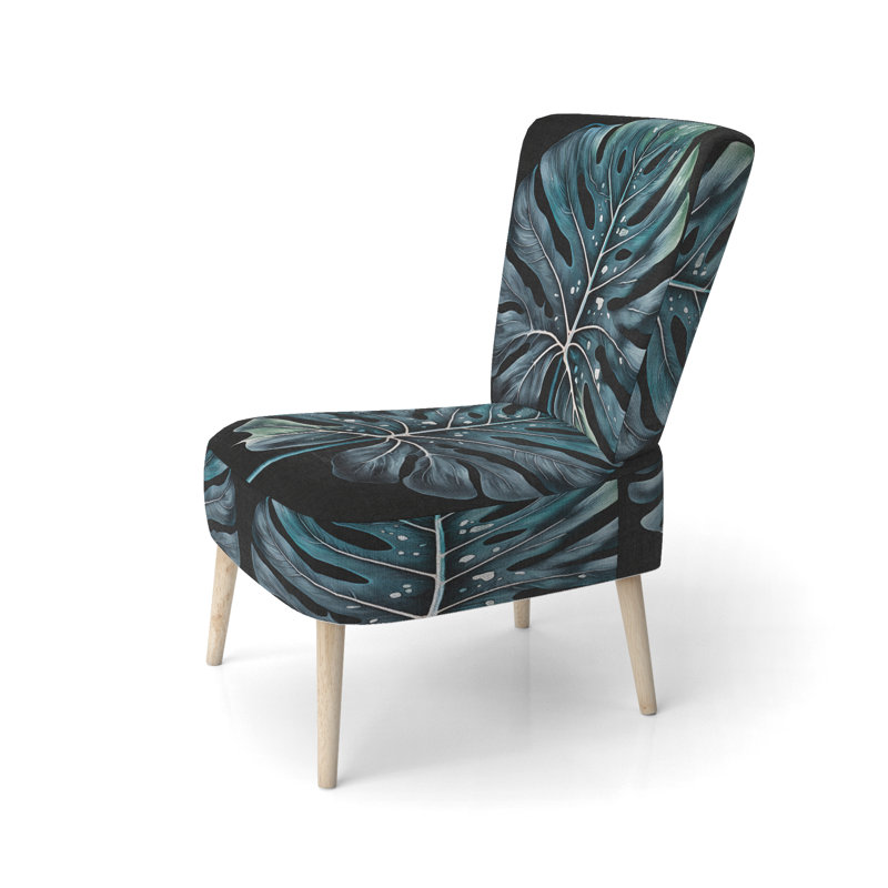 Blue And White Philodendron Leaf I - Upholstered Farmhouse Side Chair, Green Accent Chair, Green/Black