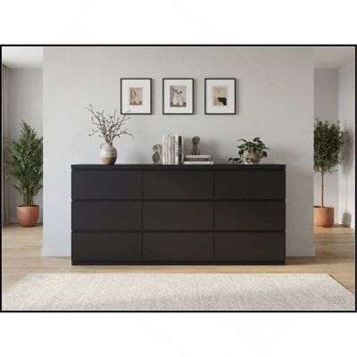 9 Drawer Dresser with No Handle Design, Modern Black Matte Wood Dresser for Bedroom, Storage Chest of Drawers for Living Room, Hallway, Entryway