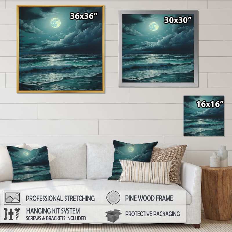 Super lune au-dessus de la mer IV - Décoration murale plage et océan, Cadre flottant doré, H 30 po x l 30 po x P 1 po