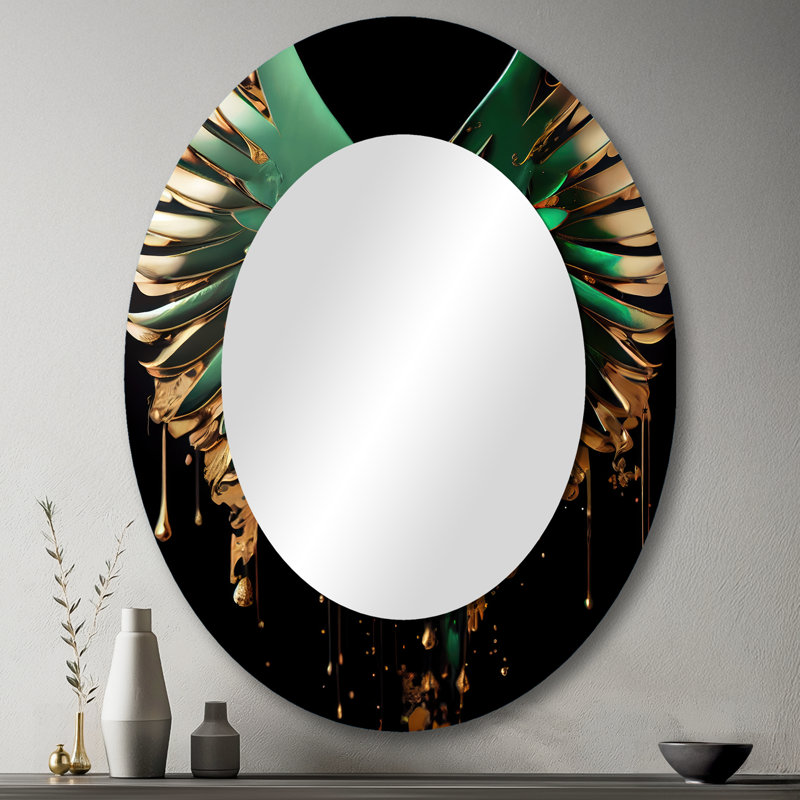 Vert et or Angel Wings II - Grand miroir mural ovale sur métal, 43 po x 33 po