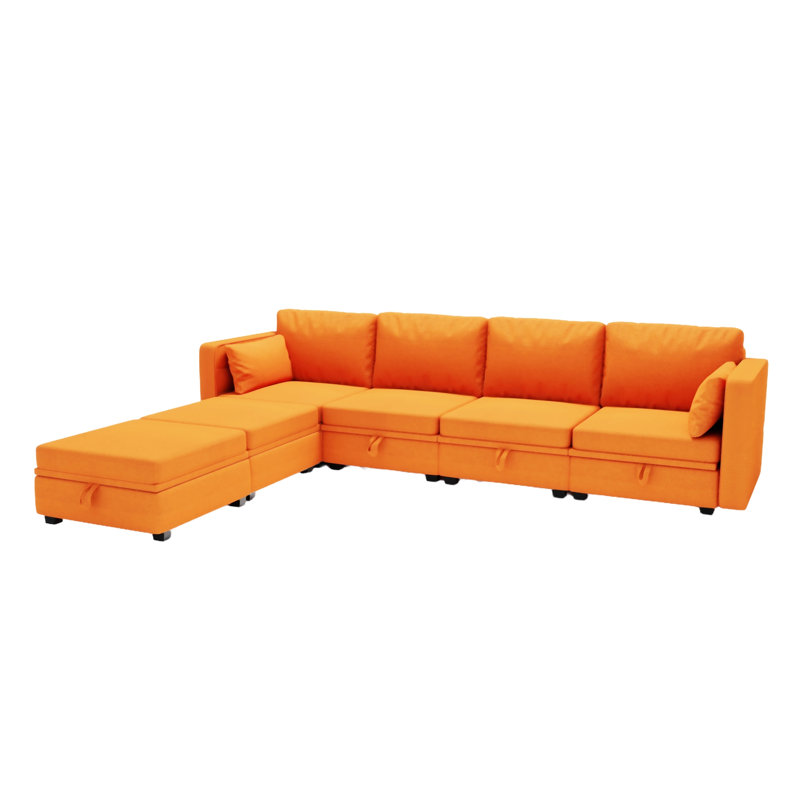 Wide Reversible Modular Sofa & Chaise with Ottoman, Orange Linen