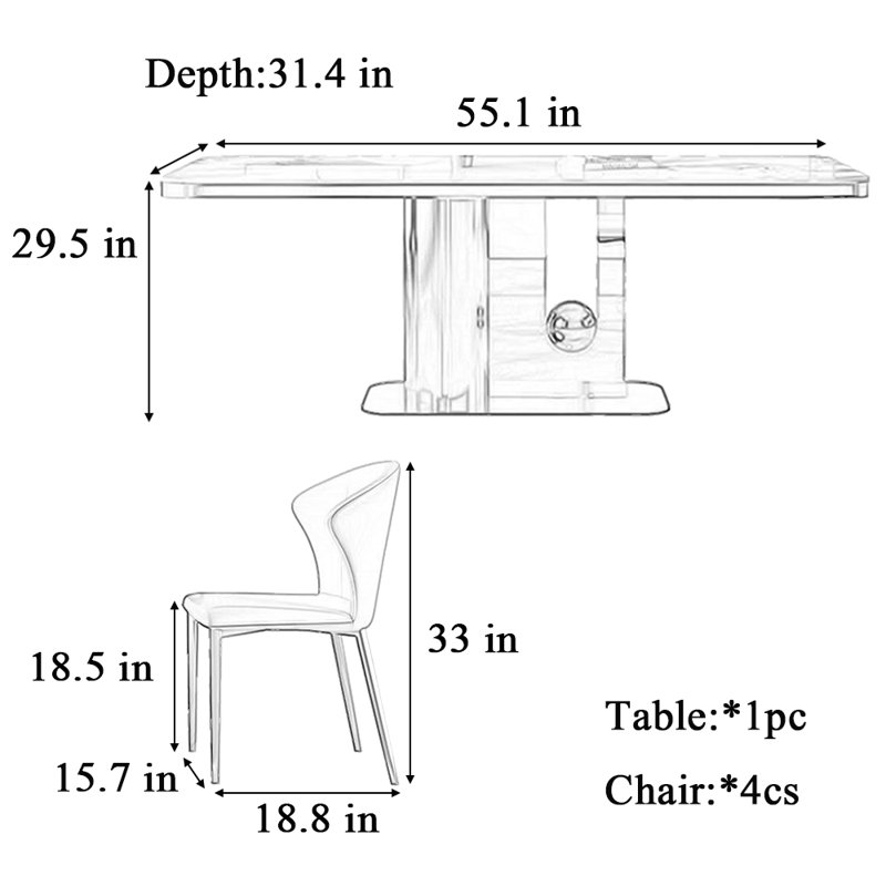 Modern light luxury rectangular table and chair, Black, 29.5"H x 55.1"L x 31.4"W