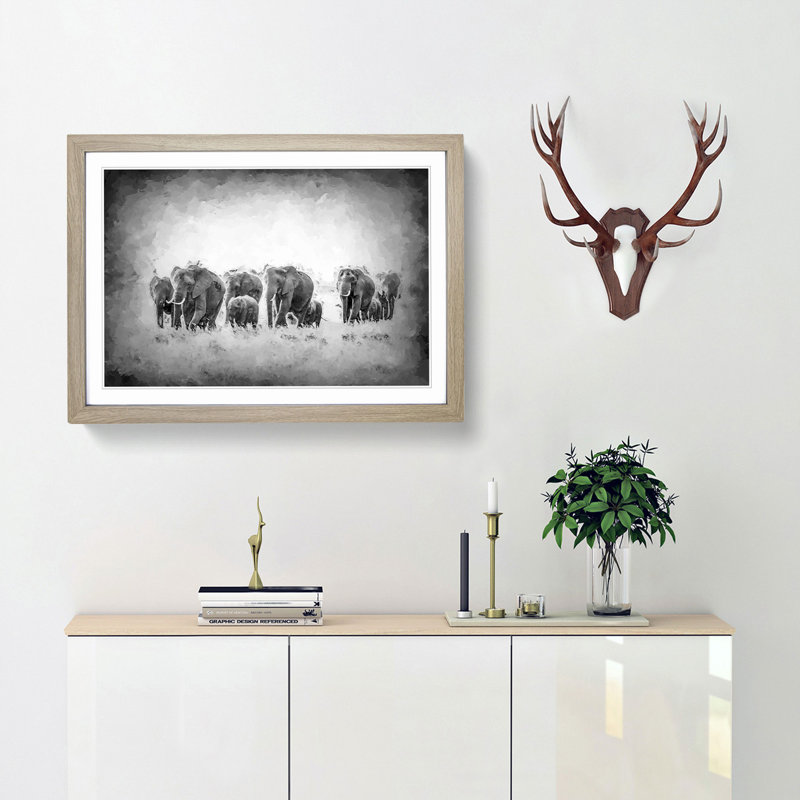 Herd of Elephants Roaming in Abstract - Picture Frame Painting Print, 62cm H x 87cm W x 2cm D, Oak Framed