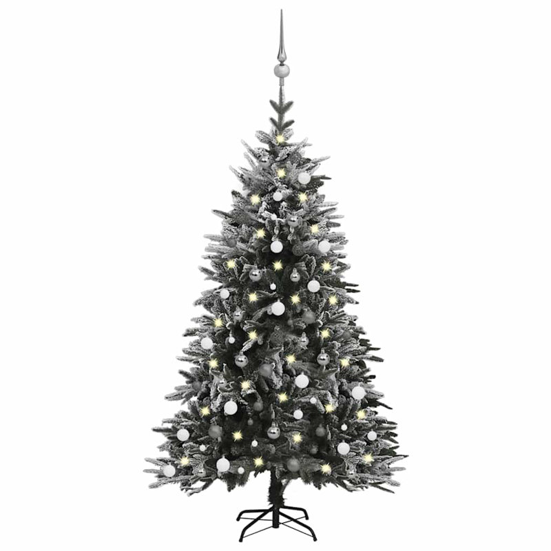 Arbre de Noël artificiel vert avec lumières DEL, boules et neige floquée 70,9 po, 5.9'