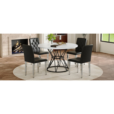 Table And Chair Set. A Circular White MDF Dining Table With A Diameter Of 47.3 Inches,Black Hourglass Shaped Metal Brackets.Paired With 4 Black PU Dining Chairs: Ergonomic Buckle Backrest.