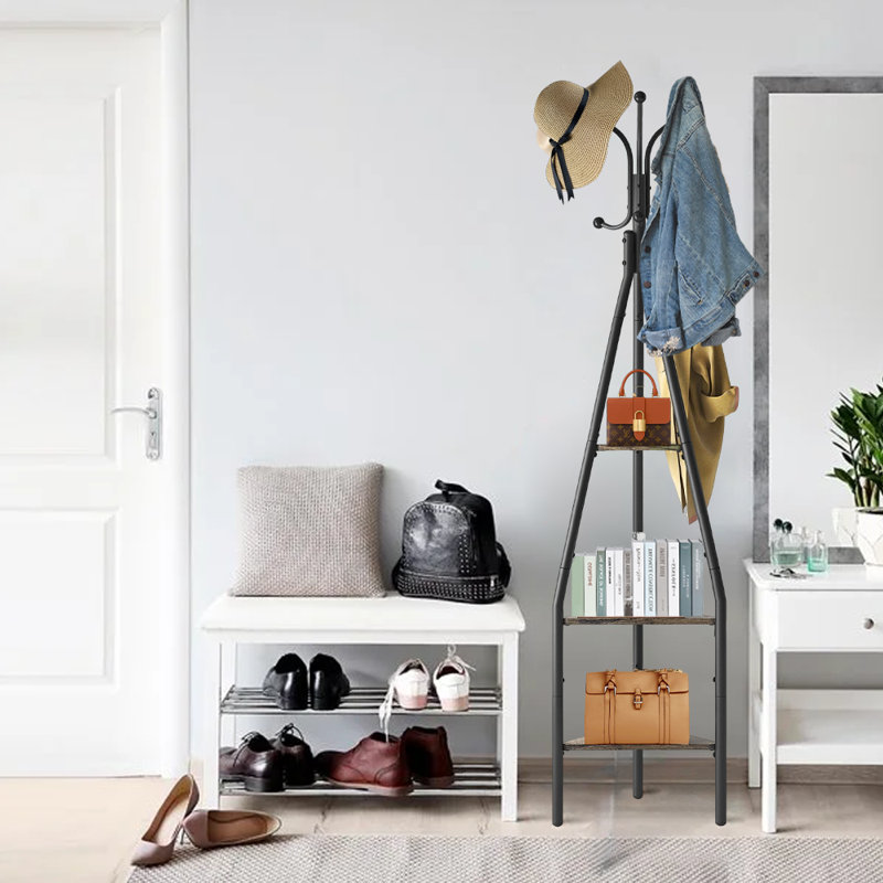 Coat Rack Freestanding With Hooks,3-Tier, Black/Gray