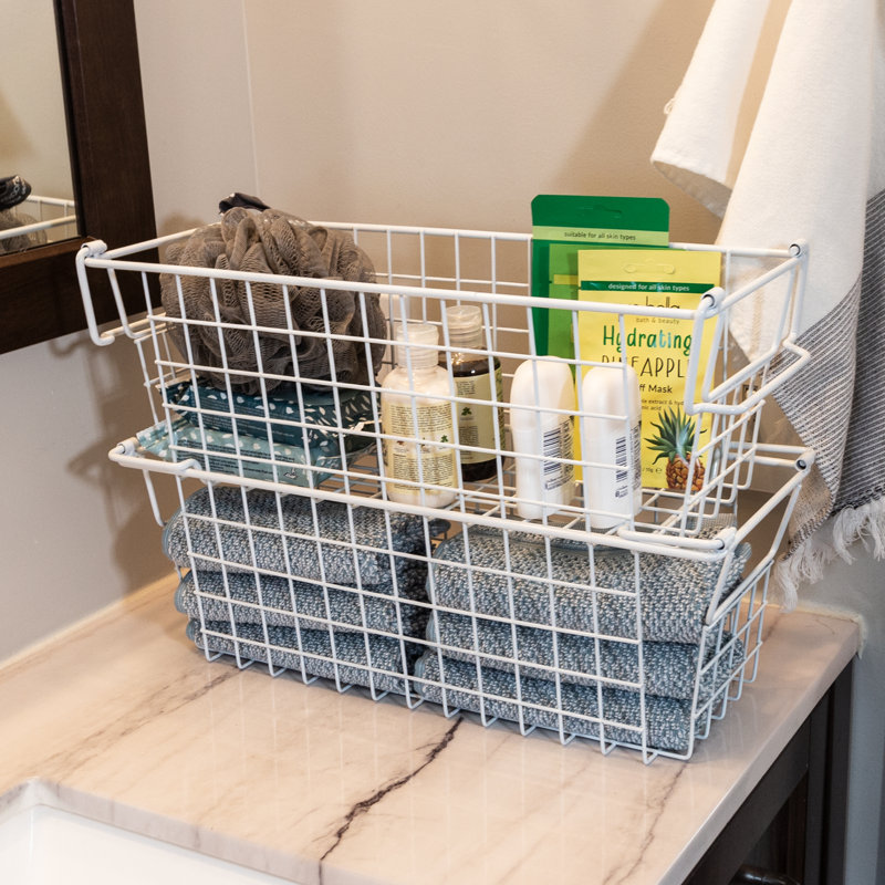 Stackable Metal Storage Baskets, 5.5" H x 6" W x 16" D, White