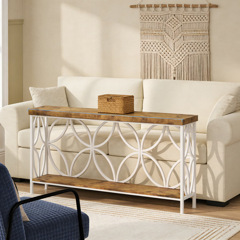 Console industrielle avec tablette de rangement à 2 niveaux, canapé extra long pour canapé derrière, table d'entrée étroite pour salon, vestibule, couloir et bureau