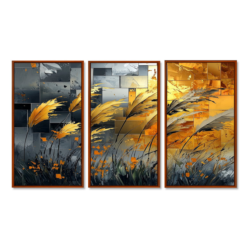 Or et gris graminées vents - ensemble d'art mural prairie, Toile avec cadre flottant brun, H 28 po x l 36 po x P 1 po
