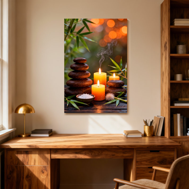 Bath & Laundry Calm Stones Candles Bamboo Leaves Smoke Light Nature Peace, H 16 po x l 24 po