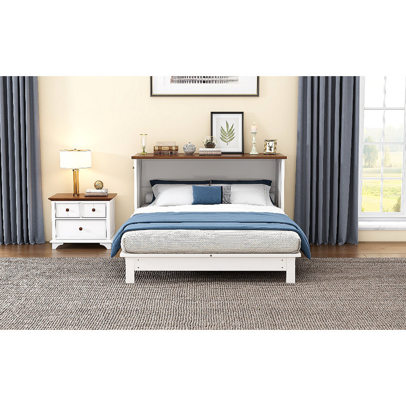 Solid Pine Murphy Bed Chest With Charging Station And Large Storage Drawer, Perfect For Small Spaces, Queen