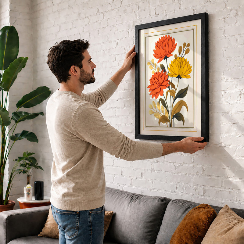 Three Flowering Stems Botanical - Framed Print, A2 - 59.4 x 42.0 cm, Black