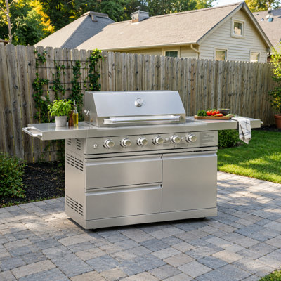 Îlot de cuisine extérieure modulaire en acier inoxydable à 6 brûleurs, 2 pièces, avec gril, réfrigérateur et roulettes