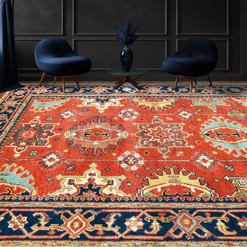 Tapis rouille / bleu noué à la main de haute qualité, Tapis de couloir 2 pi 6 po x 8 pi