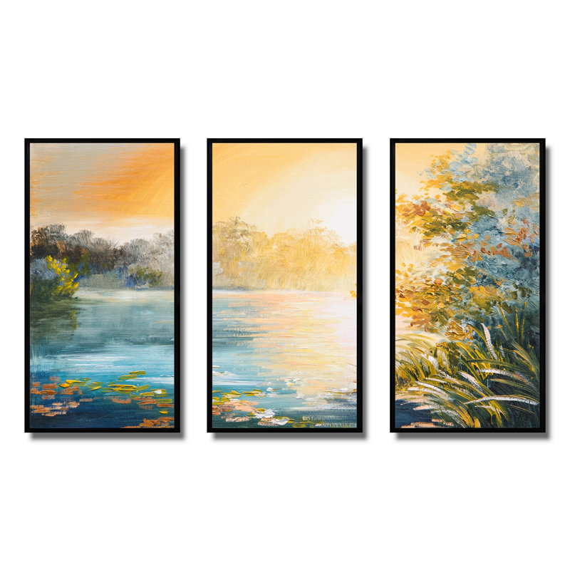 Coucher de soleil sur le lac - ensemble de 3 toiles encadrées, Noir, H 28 po x l 36 po
