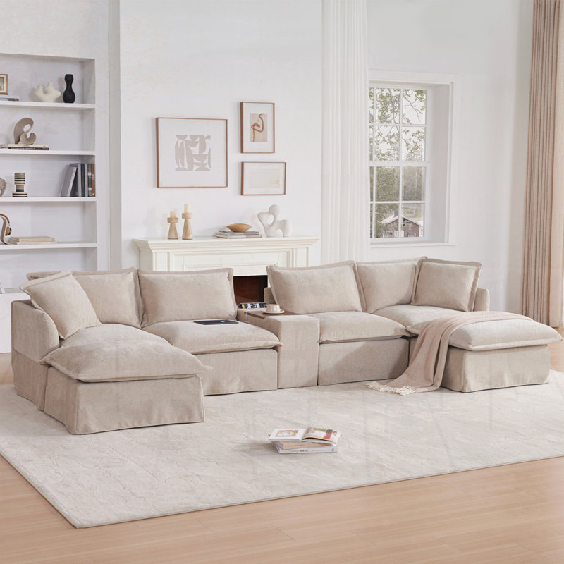 Modular Sectional Sofa with Movable Storage Ottoman and Console