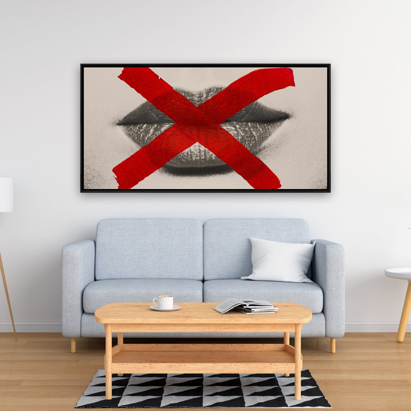 Grayscale Lips with Red X - Beige Figurative Framed Canvas