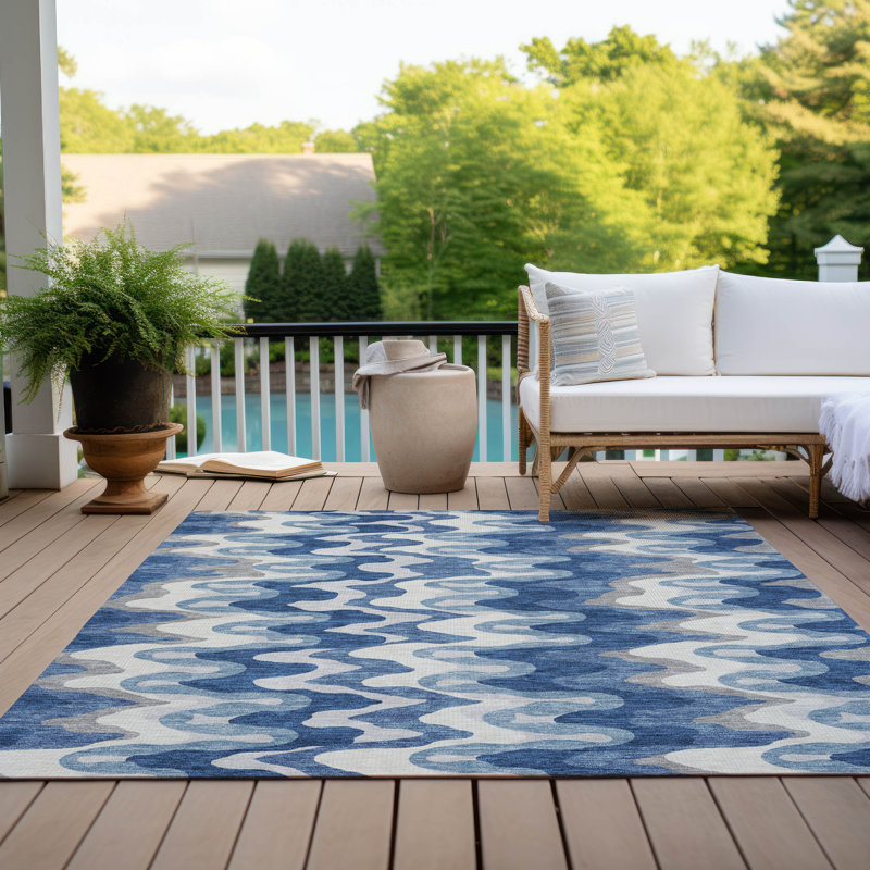 Tapis bleu intérieur / extérieur lavable à la machine Caziyah, Rectangle 9 pi x 12 pi