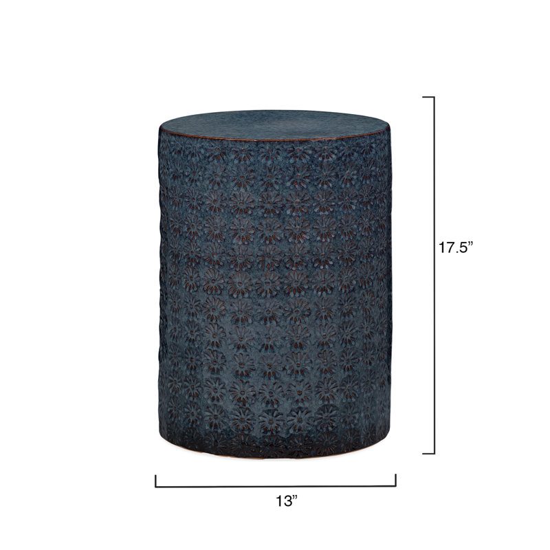 Blue Ceramic Embossed Floral Drum Accent Table