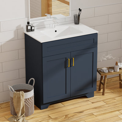 30" Bathroom Vanity with Sink, Farmhouse Wooden Double Door Bathroom Storage Cabinet,Freestanding Farmhouse Cabinet Vanity with Ceramic Sink (Paint, Blue,30")