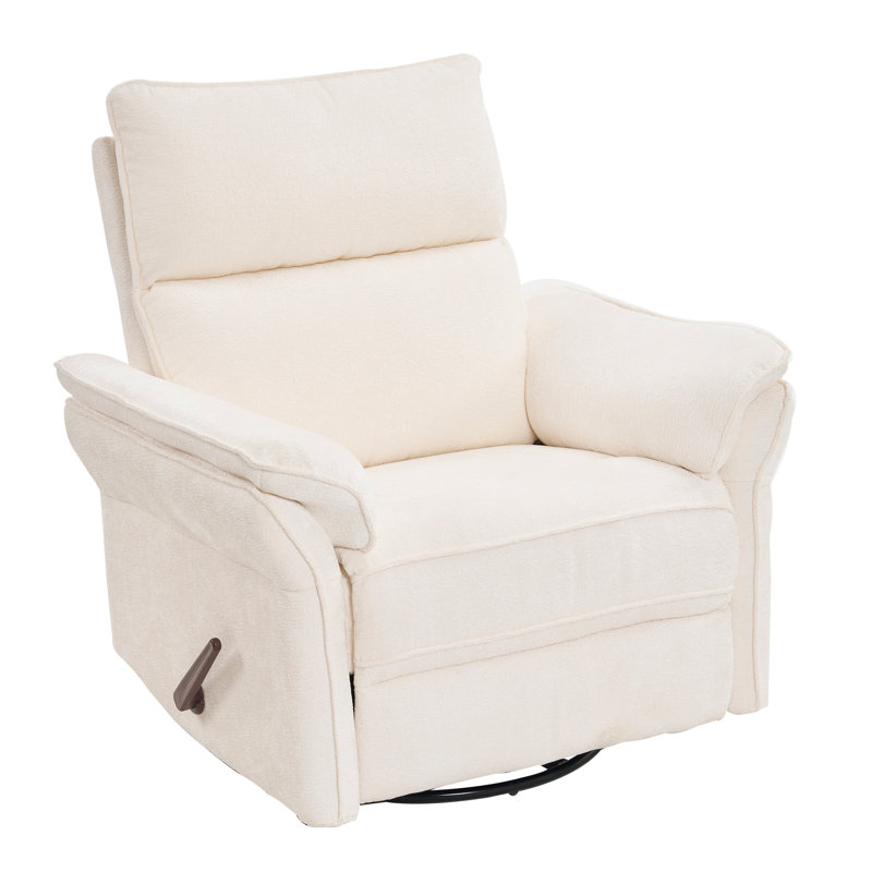 Oversized Recliner Chair, 26" Extra Wide 360° Swivel Rocker Recliner with Adjustable Headrest, Chenille Glider Rocking Nursery Chair with Overstuffed Armrest, Lumbar Support，White