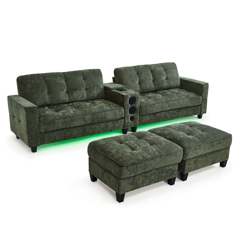 Modern Sectional Sofa with Smart Console and Bluetooth Audio, Green
