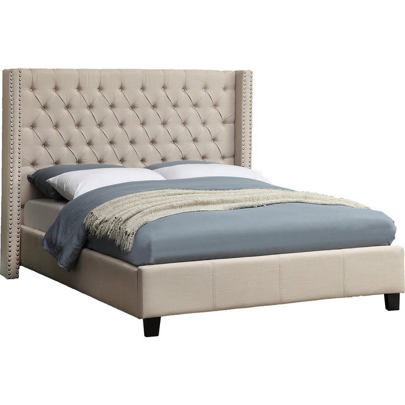 Upholstered Wingback Bed, Twin, Beige Linen Textured Fabric