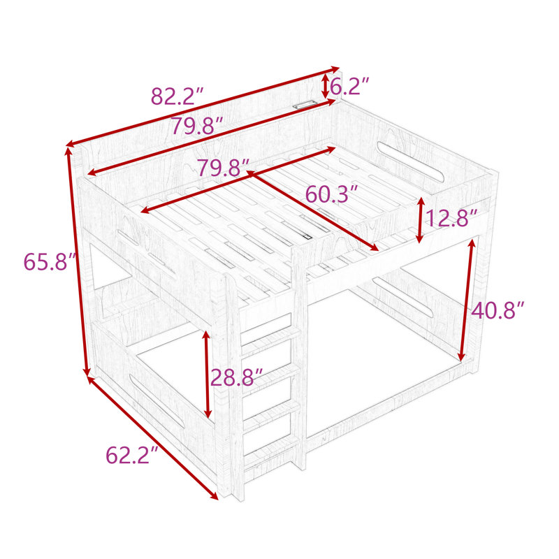 Lit superposé en bois avec tablettes de rangement intégrées et ports de chargement USB, échelle, Bois