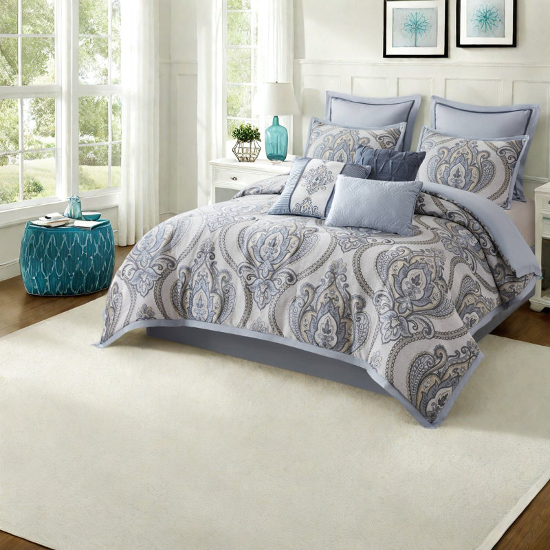 De literie pour très grand lit californien, ensemble d'édredon en chenille jacquard bleu