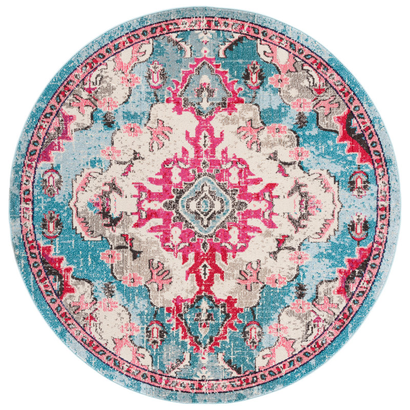 Mornington Oriental Blue/Pink Area Rug, Round 6'7"