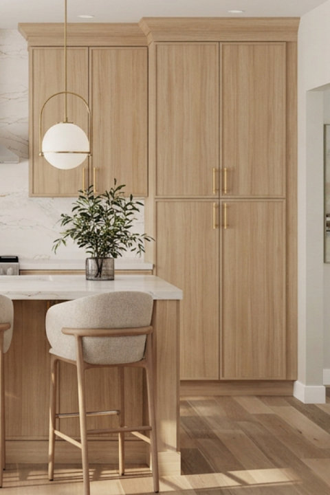 Modern kitchen with light wood cabinets, white marble countertops, a globe pendant light, and upholstered bar stools.