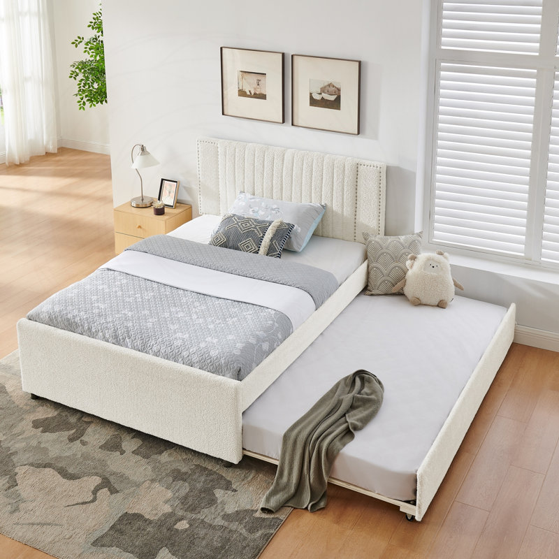 Lit double tapissier avec tiroirs de rangement et lit gigogne escamotable, Beige