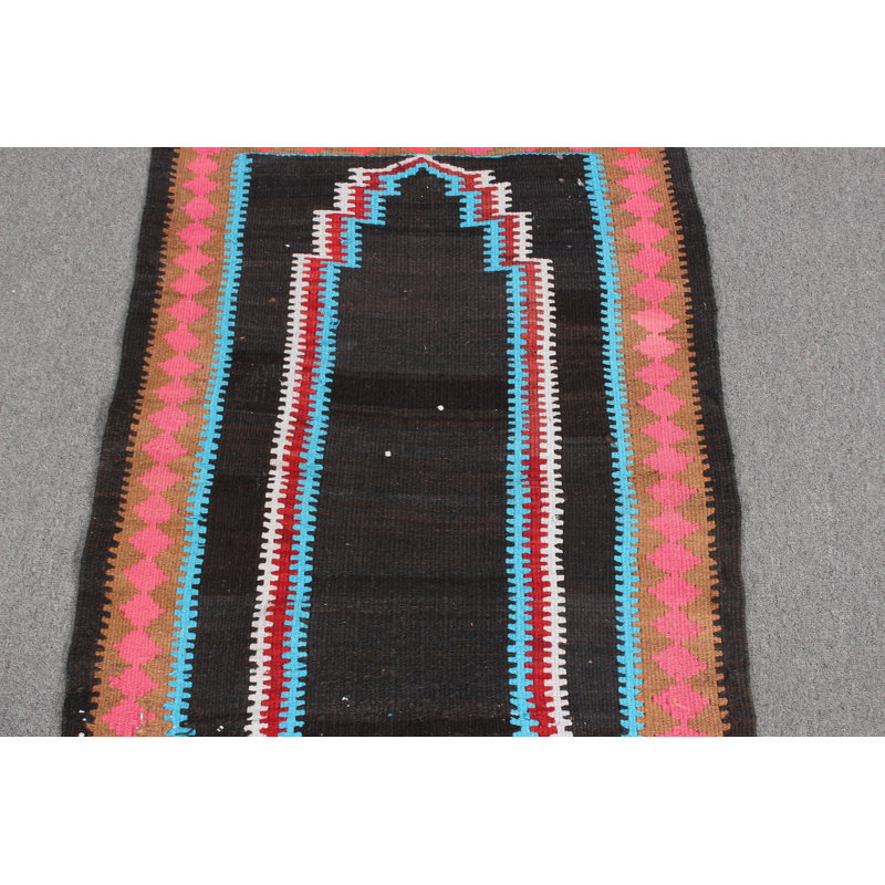 Tapis rétro kilim à prière turque noir en cadeau - petit kilim anatolien décoratif Oushak idéal pour la décoration intérieure
