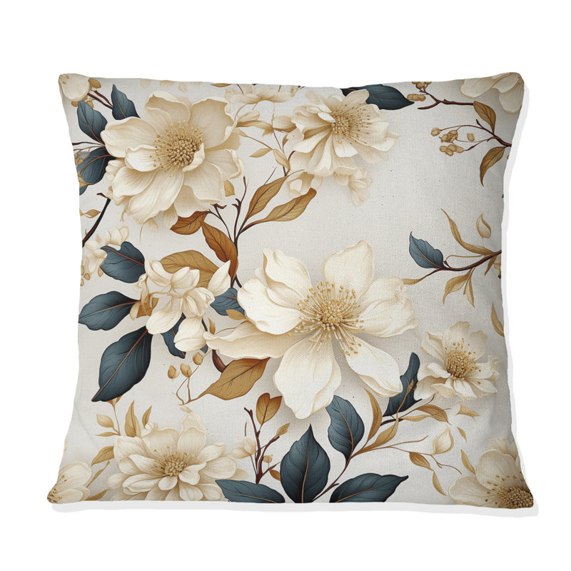 Blanc botanique inspiré de la botanique - coussin décoratif imprimé floral, H 18 po x l 18 po