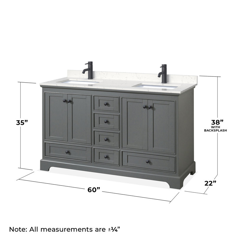Deborah 60'' Double Bathroom Vanity with Marble Top, Carrara Cultured Marble, Dark Gray, Matte Black
