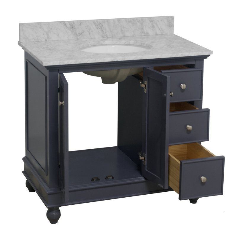 Ensemble de meuble-lavabo simple 36 po Ferdinand, Gris marine, Marbre de Carrare