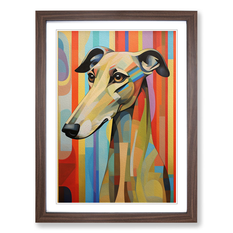 Greyhound Geometric - Single Picture Frame Print on Wood, Walnut, 64cm H x 46cm W x 2cm D