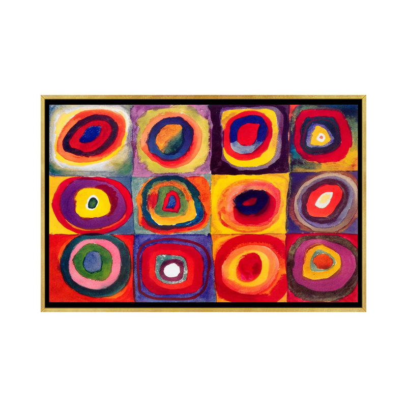 "carrés avec cercles concentriques" par wassily kandinsky,-impression, H 32 po x l 48 po x P 1,5 po, Toile encadrée d'or