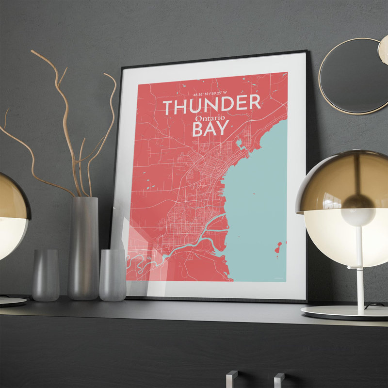 Thunder Bay City Map, impression, Rose / bleu pastel, H 24 po x l 18 po